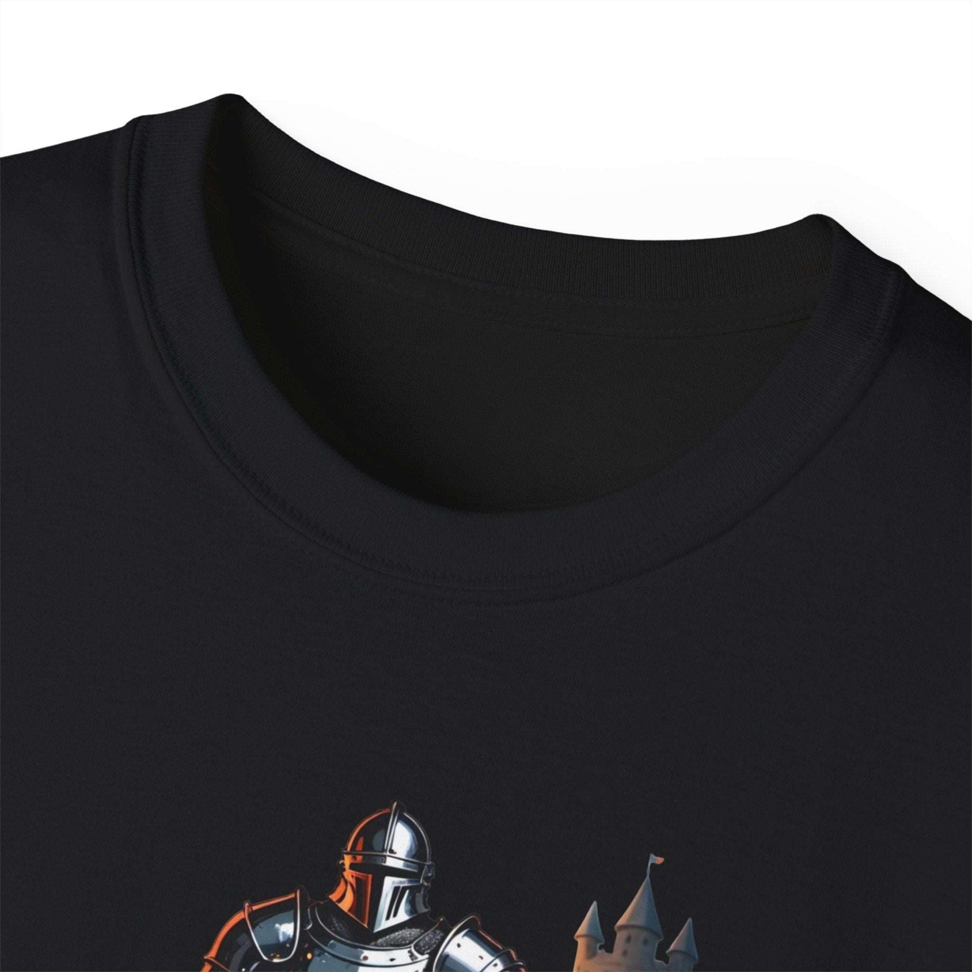 A close-up view of the collar of a black gym shirt featuring a graphic of a knight in armor lifting a barbell, with a castle tower in the background. 