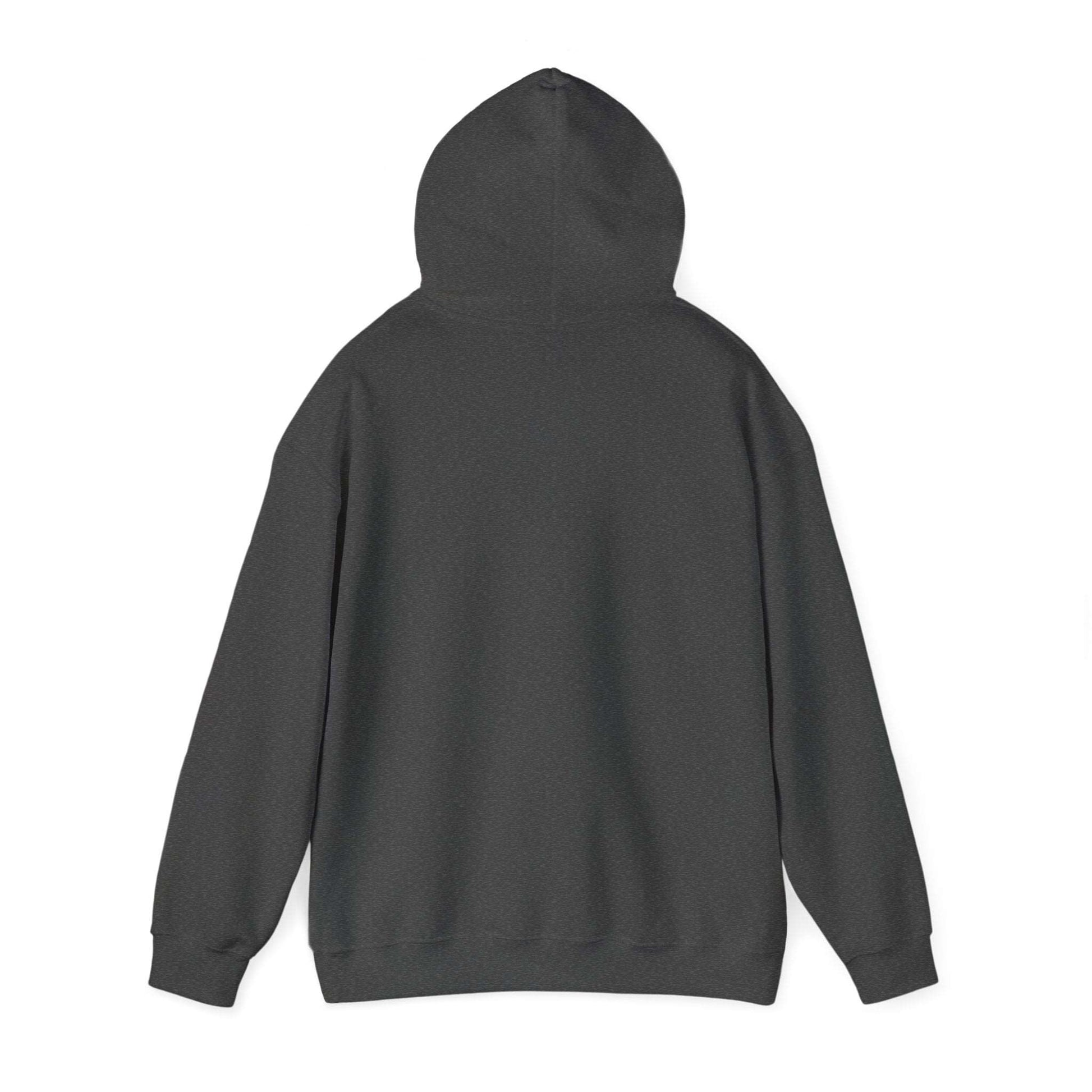 The plain back view of a gray hoodie with its hood up against a white background.