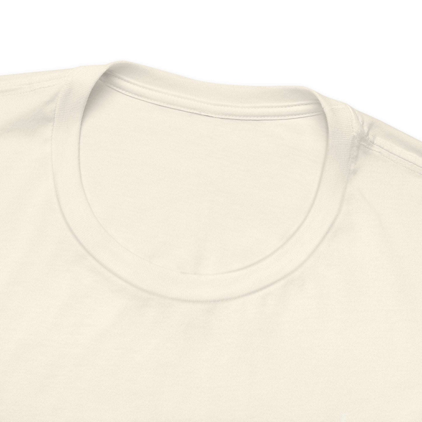 A close-up view of the collar of a light yellow t-shirt.