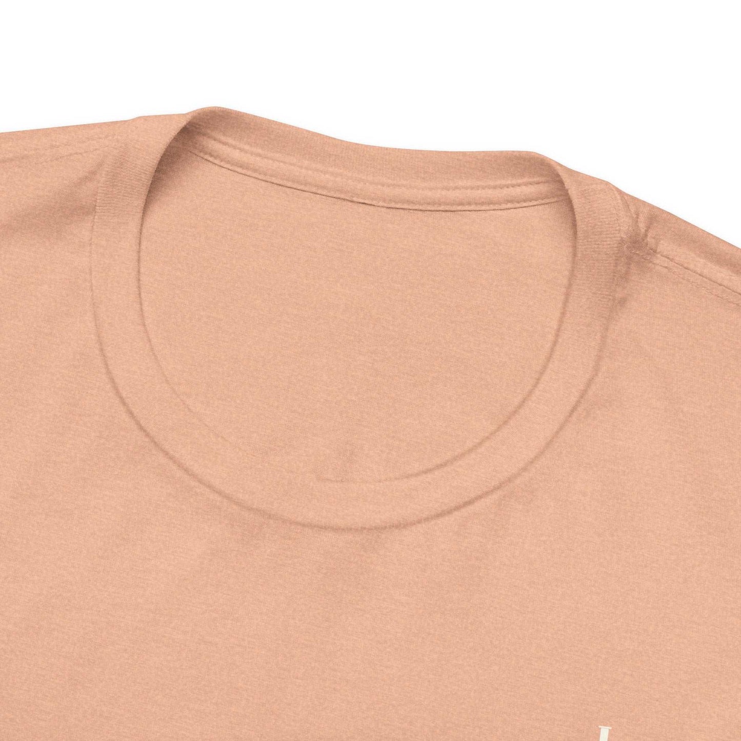 A close-up view of the collar of a light brown t-shirt.