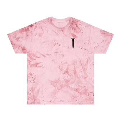 A light pink marble-patterned T-shirt with a small sword graphic on the left chest, reminiscent of a medieval aesthetic.