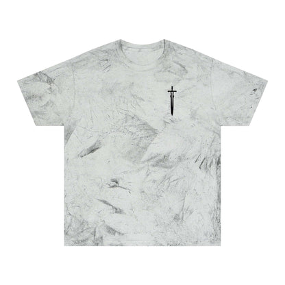 A light gray marble-patterned T-shirt with a small sword graphic on the left chest, reminiscent of a medieval aesthetic.