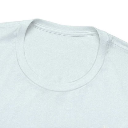 A close-up view of the collar of a light blue t-shirt.