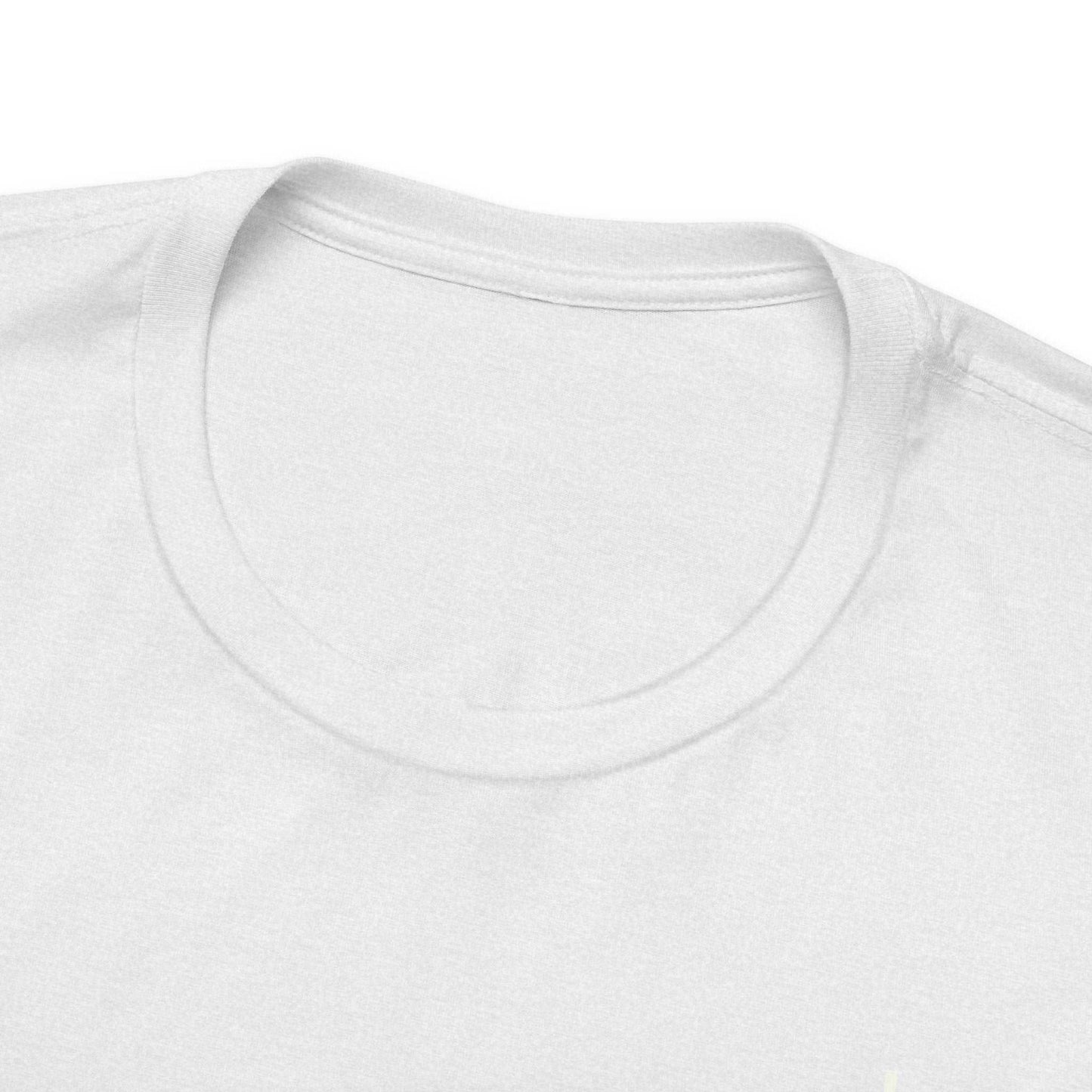 A close-up view of the collar of a light gray t-shirt.