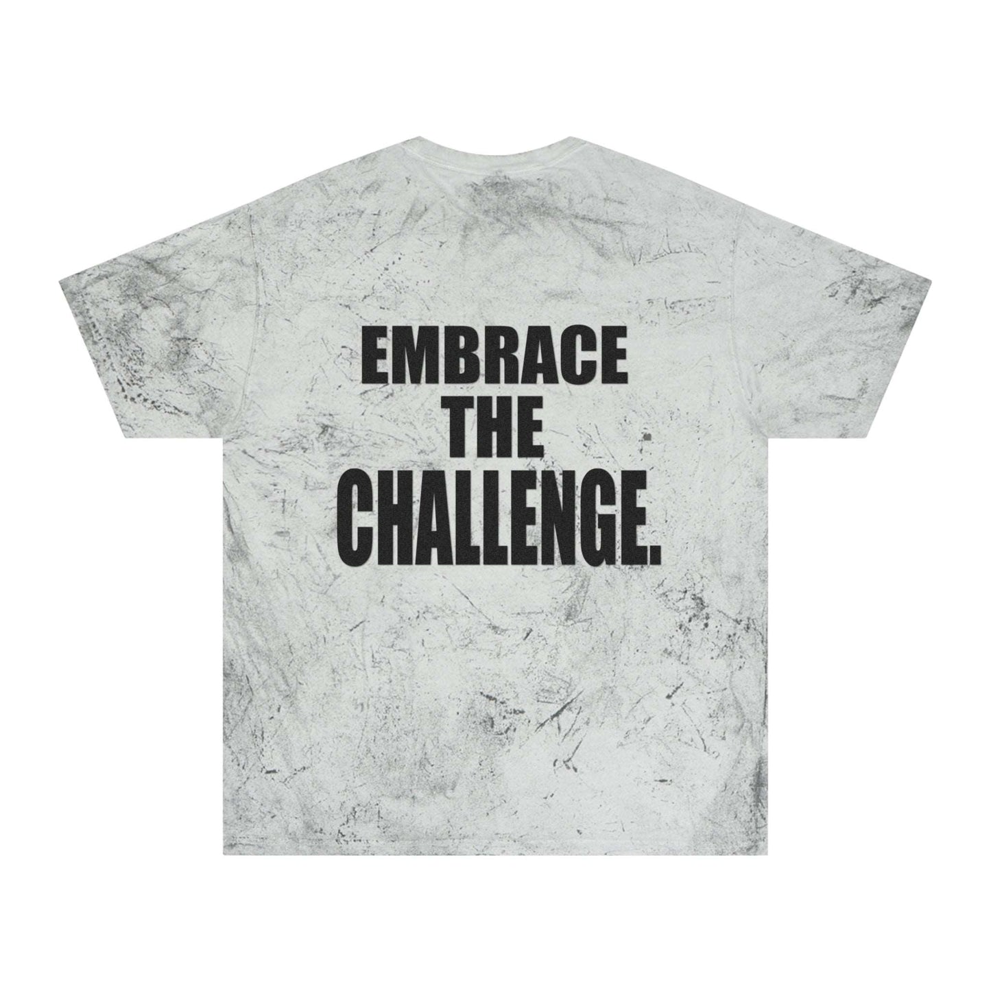 A gray tie-dye t-shirt with a textured pattern reminiscent of a medieval shirt, featuring a motivational message in bold black letters that reads "Embrace the Challenge" on the back.