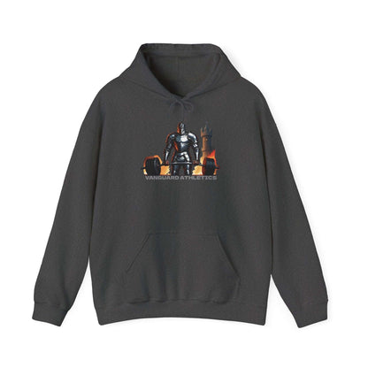 A gray hoodie featuring a graphic of a knight in armor standing in front of a castle, embodying a medieval aesthetic. Below the image, the text reads Vanguard Athletics.