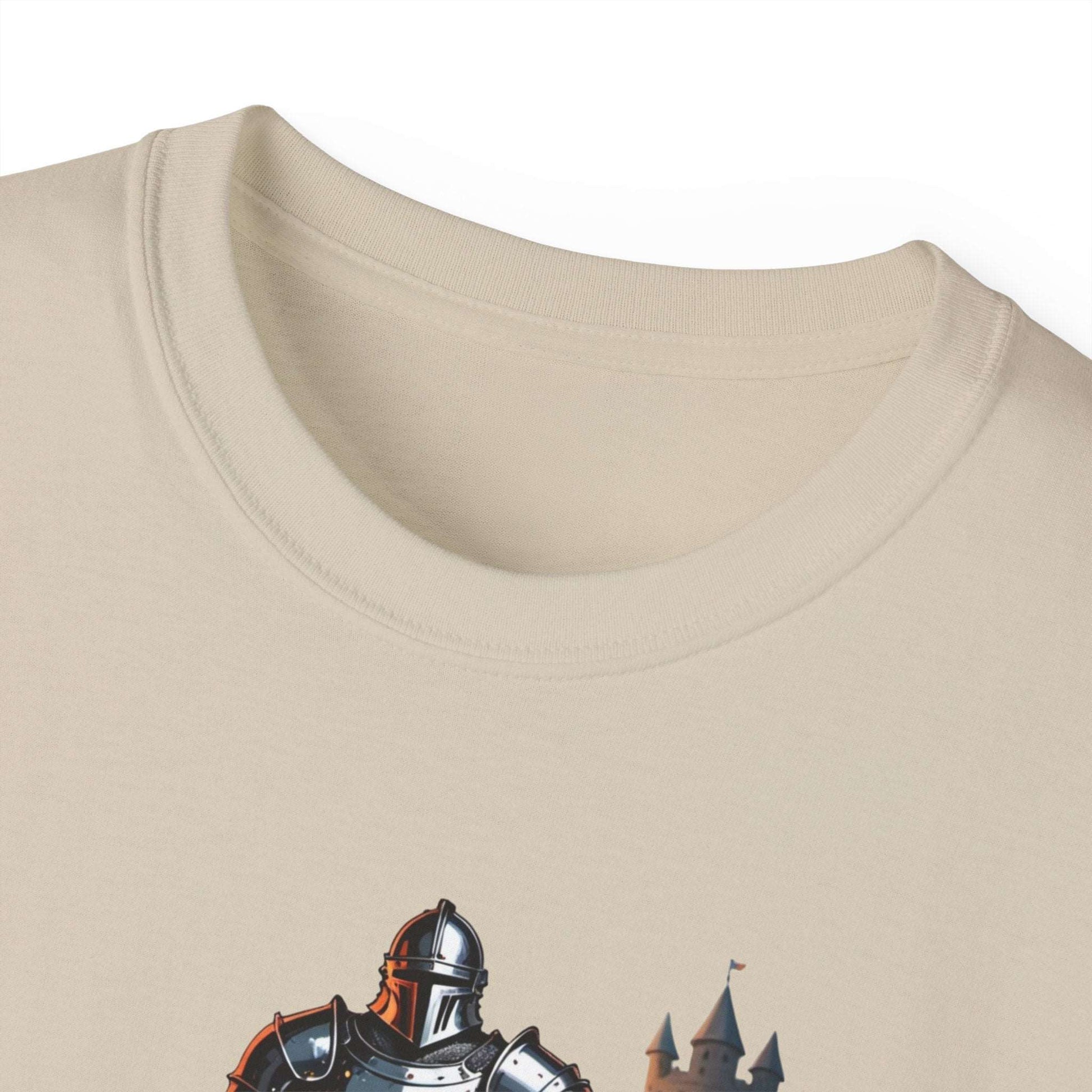 A close-up view of the collar of a beige gym shirt featuring a graphic of a knight in armor lifting a barbell, with a castle tower in the background. 