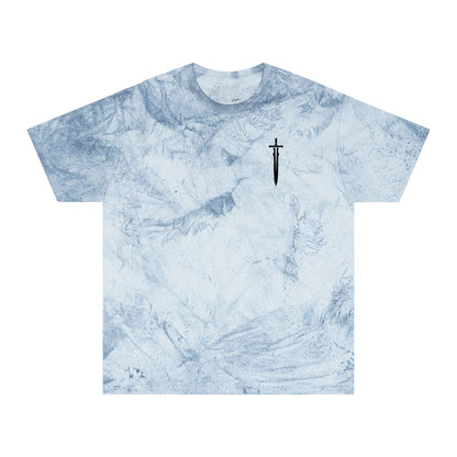 A light blue marble-patterned T-shirt with a small sword graphic on the left chest, reminiscent of a medieval aesthetic.