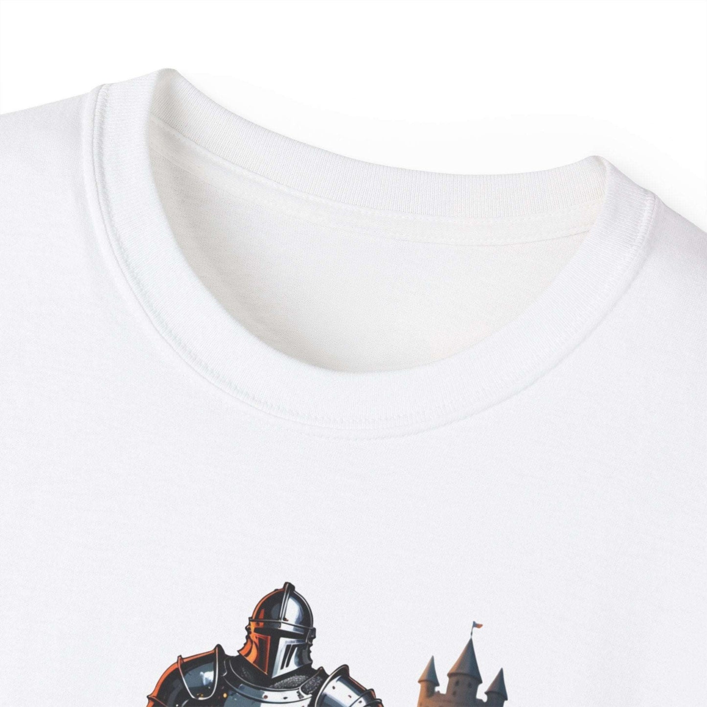 A close-up view of the collar of a white gym shirt featuring a graphic of a knight in armor lifting a barbell, with a castle tower in the background. 