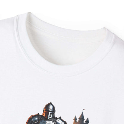 A close-up view of the collar of a white gym shirt featuring a graphic of a knight in armor lifting a barbell, with a castle tower in the background. 