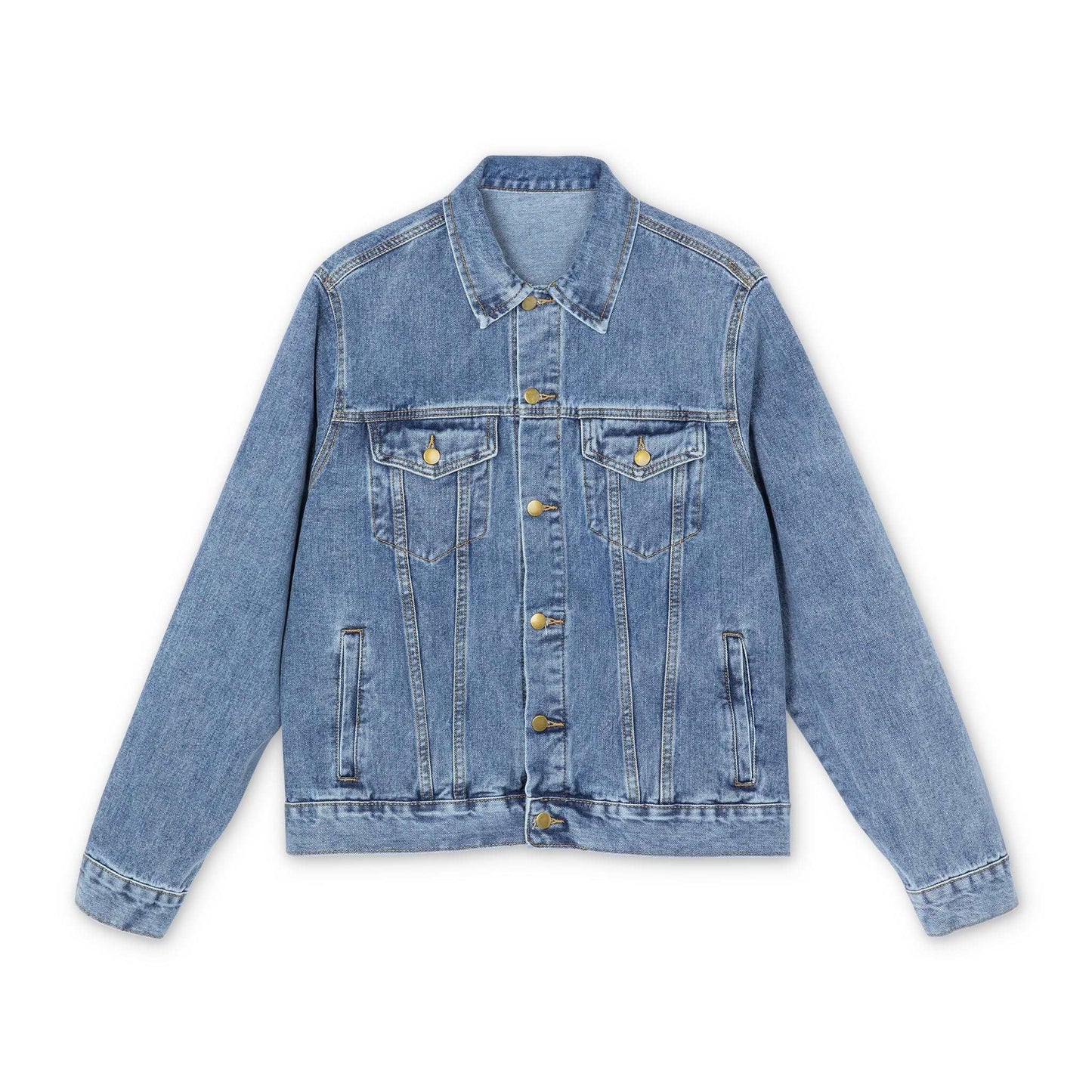 The front view of a denim jacket against a white background.