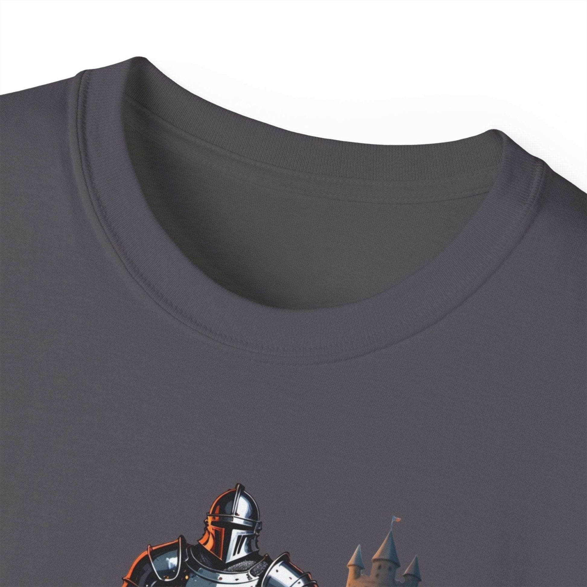 A close-up view of the collar of a gray gym shirt featuring a graphic of a knight in armor lifting a barbell, with a castle tower in the background. 