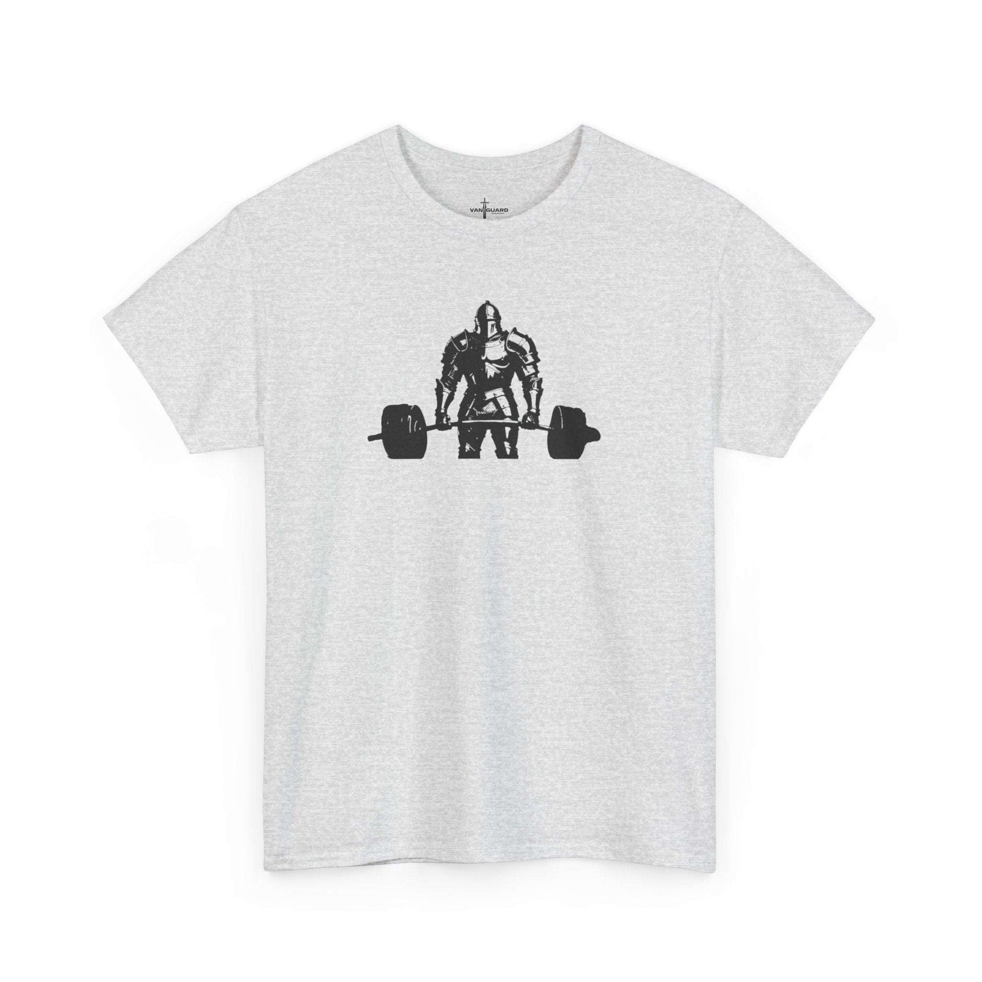 A gray T-shirt showcases a black stencil-style print of a knight in armor mastering the deadlift.