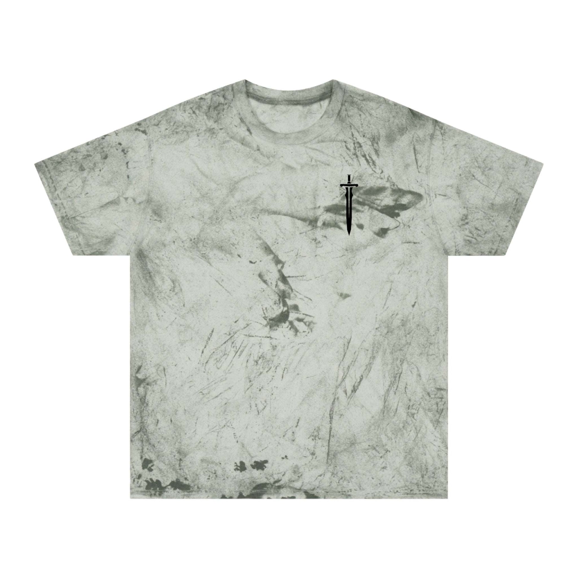 A light green marble-patterned T-shirt with a small sword graphic on the left chest, reminiscent of a medieval aesthetic.