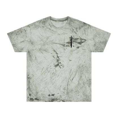 A light green marble-patterned T-shirt with a small sword graphic on the left chest, reminiscent of a medieval aesthetic.