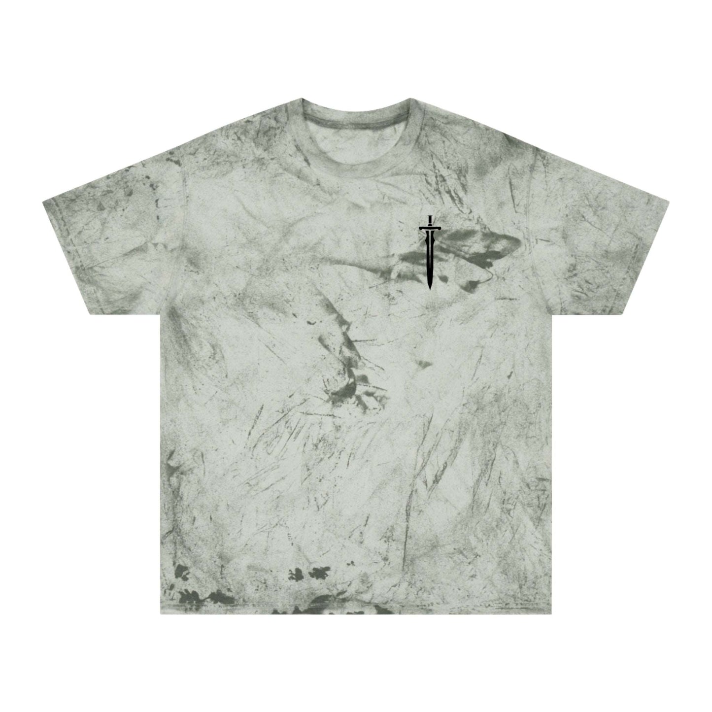 A green marble-patterned T-shirt with a small sword graphic on the left chest, reminiscent of a medieval aesthetic.