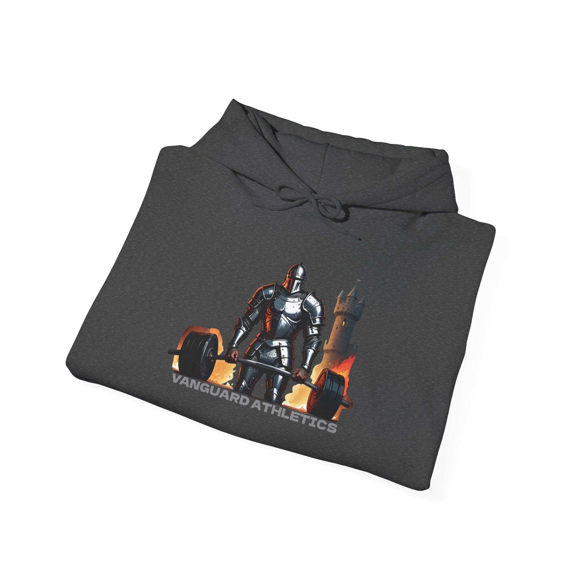 A gray folded hoodie featuring a graphic of a knight in armor standing in front of a castle, embodying a medieval aesthetic. Below the image, the text reads Vanguard Athletics.