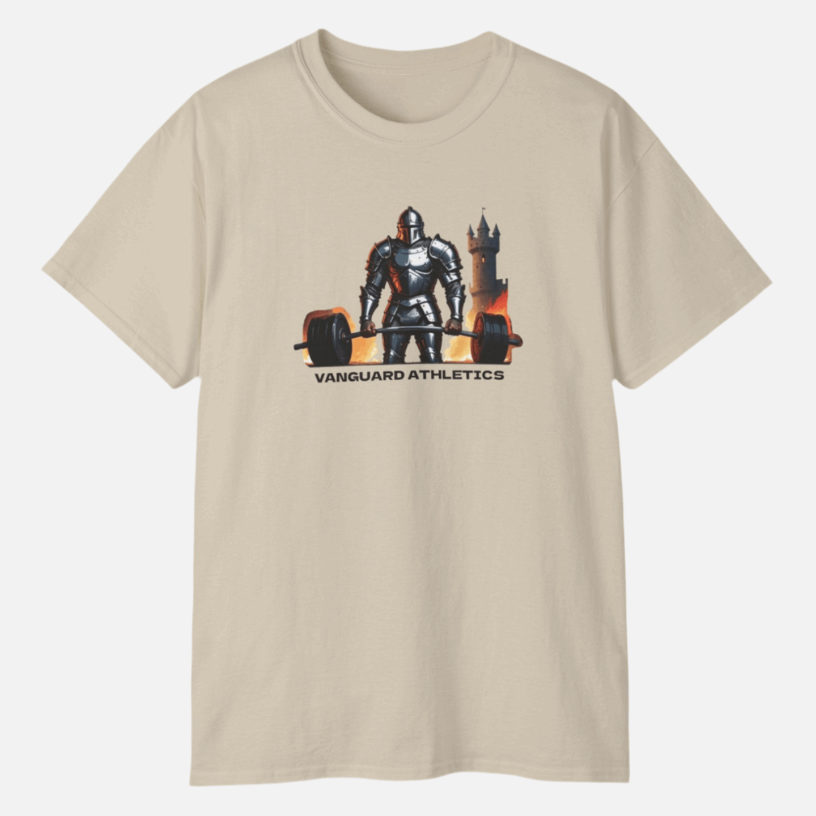 A beige gym shirt featuring a graphic of a knight in armor lifting a barbell, with a castle tower in the background. This new addition exudes confidence, as bold text below reads Vanguard Athletics.