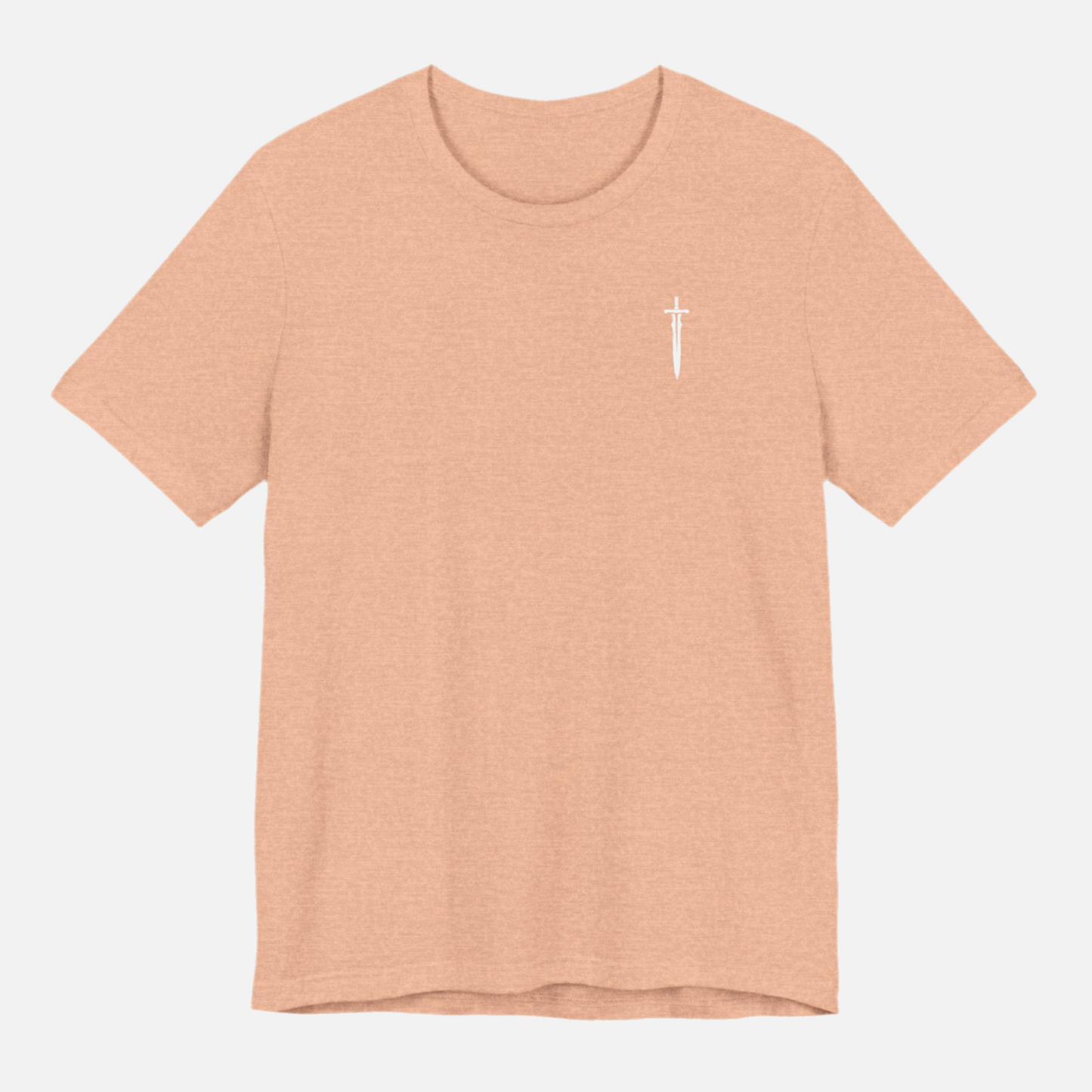 A plain light brown t-shirt featuring a small white sword graphic on the upper left chest, evoking a subtle medieval aesthetic.